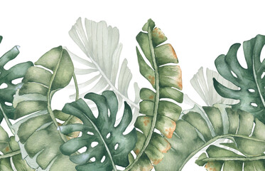 Tropical Foliage watercolor Seamless Border isolated white. Banana leaves and monstera in soft pastel greens hand drawn. Endless repeating jungle motif for stationery, textile. Tropical edge design.