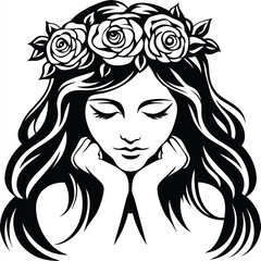 Contemplative woman with roses crown rests her chin in her hands in monochrome