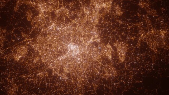 Sheffield (United Kingdom) top view at night. Aerial view on modern city from space. Camera is flying above the city, moving forward. Vertical video. The north is on the left side