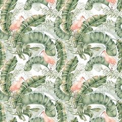 Exotic Bird Botanical Repeat background isolated. Delicate watercolor ibis and exotic greenery hand painted. Seamless tropical foliage pattern for packaging, spa branding, and beach textiles.