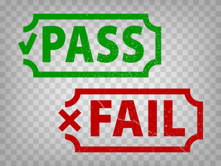 Pass and Fail grunge rubber stamps isolated on transparent  background.  Pass or Fail with check mark and cross.  Green Pass and red Fail stamps for your design, app, UI.  EPS10. 