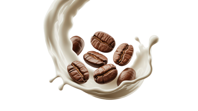 Coffee Beans with Milk Splashing on Transparent Background