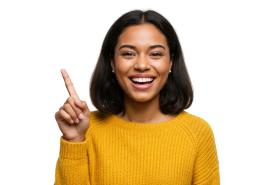 Smiling woman pointing up isolated on transparent background
