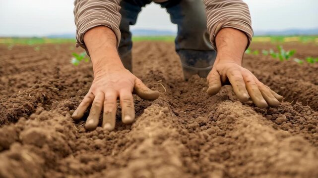 Farmer hand soil furrow field planting agriculture dirt row rural spring daylight texture focus growth detail hardworking planting seed soil