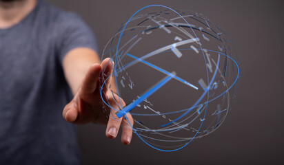 Conceptual image of a hand interacting with a glowing futuristic clockwork globe. Illustrating time management, global connection, and modern te