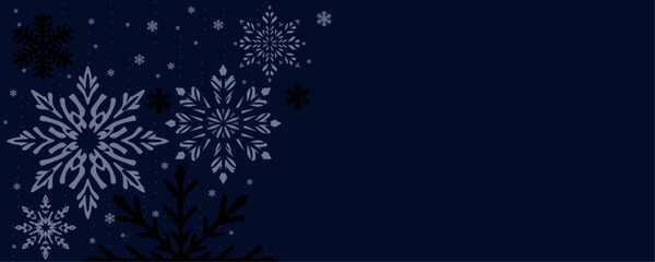 a dark blue winter background with snowflakes in varying shades of gray and black