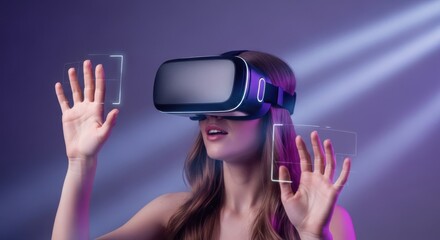 Young woman engages with virtual reality technology in a modern setting, experiencing immersive digital worlds and interactions