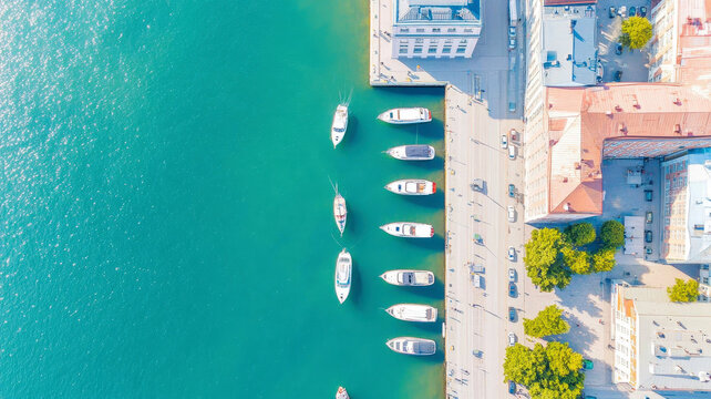 Aerial view of urban coastline with docked boats and teal water