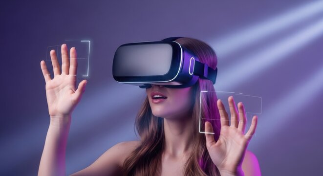 Young woman engages with virtual reality technology in a modern setting, experiencing immersive digital worlds and interactions