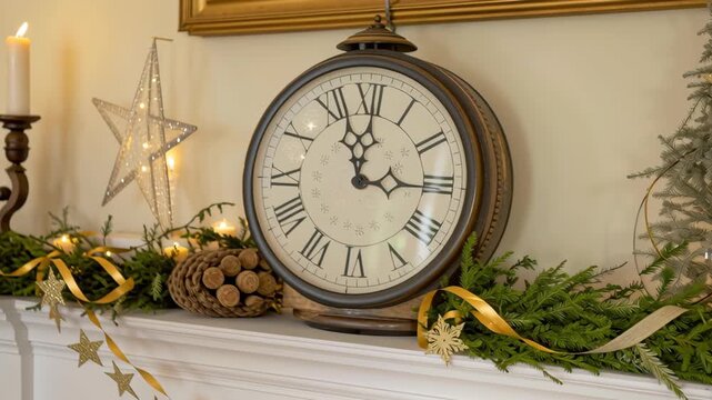 Vintage clock holiday decor with evergreen garland, gold ribbon, candle light, star ornament on mantel for festive cozy winter home decor scene