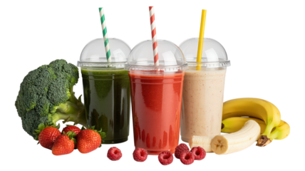 Fresh Fruit and Vegetable Smoothies with Straws on Clear Background