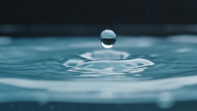 A focused shot captures a water droplet rebounding from a surface forming a small column and a spherical secondary droplet amidst splashes