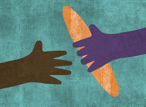 Solidary hands exchanging a loaf of bread illustration