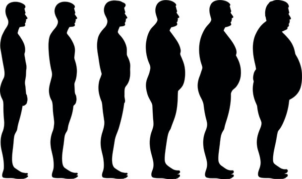 Man silhouette transformation illustrating weight gain and obesity progression stages