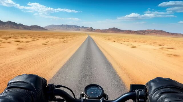 Adventurous motorcycle ride on scenic desert road under clear blue sky