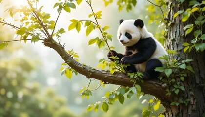 two baby pandas climbed on a green tree and sit on it and playing