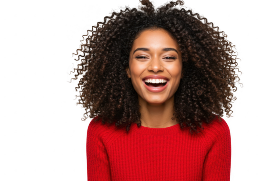 Joyful woman with curly hair laughing isolated on transparent background