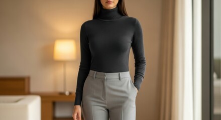 Stylish woman in gray pants and black turtleneck stands in modern living room with soft lighting