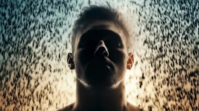 Transformational particle motion on human silhouette with abstract dusk backdrop
