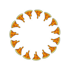 Cute round frame with doodle groovy pizza slices isolated on white background.