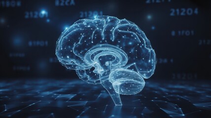 Digital brain hologram with network connections and data background
