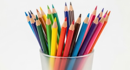 Fototapeta premium Colorful collection of art pencils in a clear container on a bright background, showcasing creativity and artistic tools for drawing