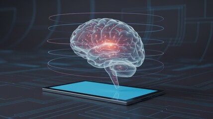 Digital brain on tablet computer concept of AI learning