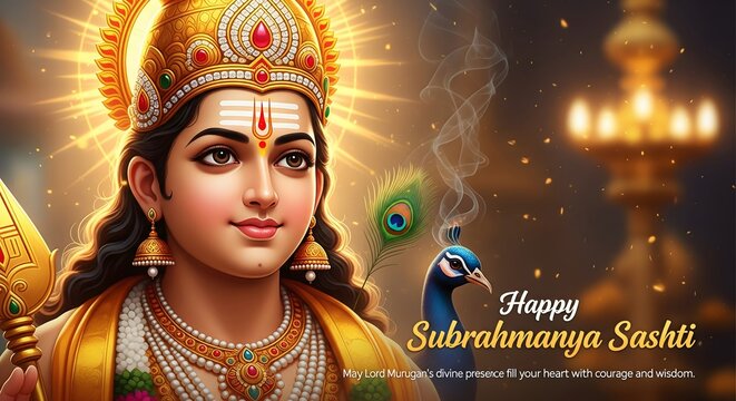 Lord murugan adorned in golden crown and jewelry celebrating subrahmanya sashti festival