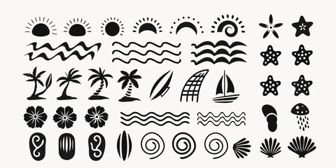 Collection of hand drawn black silhouette summer beach icons and symbols for design