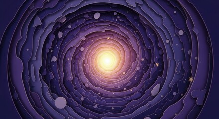 Intricate paper cut design depicting a swirling galaxy with vibrant colors centered around a glowing light