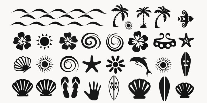 Collection of black silhouette tropical beach and ocean icons and symbols