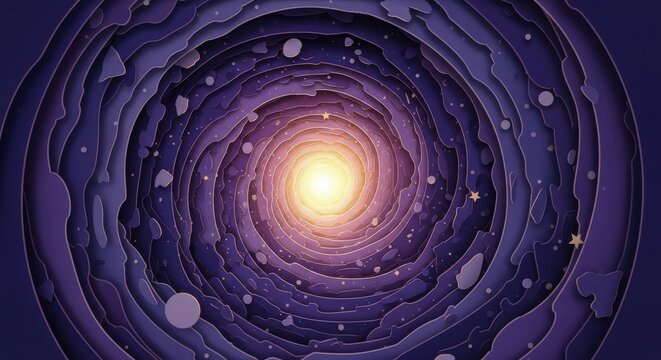 Intricate paper cut design depicting a swirling galaxy with vibrant colors centered around a glowing light