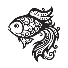 Elaborate swirls decorate the body of a stylized black fish with a white background