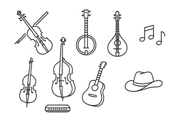 Bluegrass Instruments Icons. Line style icons of Bluegrass: Fiddle, Banjo, Mandolin, Double Bass, Guitar, Harmonica, Music Notes,
