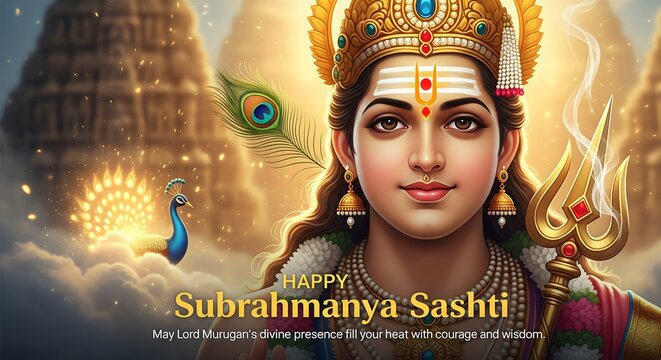 Lord subrahmanya murugan kartikeya with peacock and trident