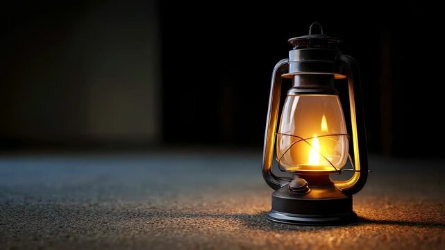 A vintage-style oil lantern with a glowing flame illuminates a dark textured floor The background is blurred and dimly lit