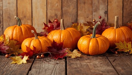 Autumnal Arrangement with Orange Gourds and Crimson Foliage Still Life.