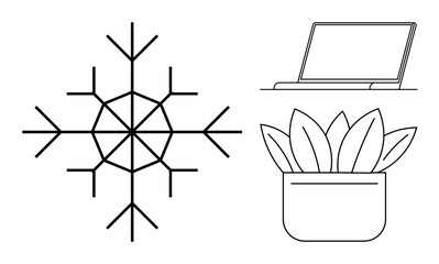 Geometric snowflake, open laptop, and potted plant in clean line art. Ideal for winter themes, technology, creativity, eco-consciousness, minimalism digital work and lifestyle concepts. Simple flat