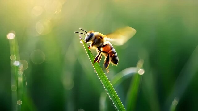 In this enchanting video, a bee hovers delicately above a blade of grass, illuminated by soft morning light. The close-up reveals its vibrant colors and intricate details, showcasing the beauty of nat