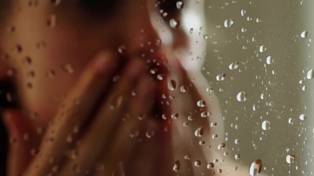 This intimate video captures a close-up view of a person in the shower, their hands pressed against a foggy glass door, with water droplets cascading down. The serene atmosphere evokes a sense of pers