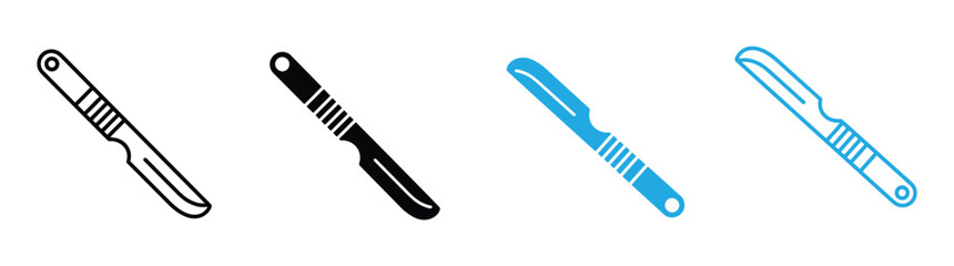 Diverse surgical scalpel designs in line art, silhouette, and cartoon styles