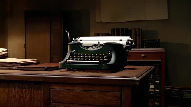This captivating video features a vintage typewriter sitting on a wooden desk in a cozy, dimly lit room. The gentle sound of keys striking the paper creates a nostalgic atmosphere, taking viewers back