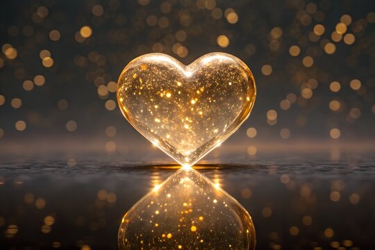 Golden glowing heart with bokeh lights and reflection
 - Powered by Adobe