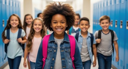 Cheerful group of schoolchildren walking down a hallway with blue lockers during the school day