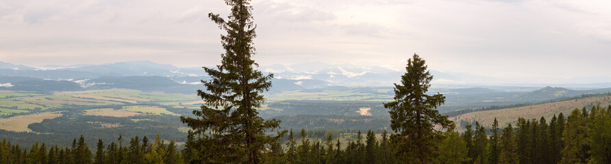 A panoramic view of the valley near Strba, at the foothills of the High Tatras, Slovakia. The vast valley, with its patchwork of fields and forests, is seen from above under a cloudy, misty sky.