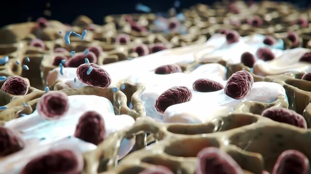 Bone structure remodeling: Microscopic animation of cellular biology revealing osteoclast and osteoblast activity in bone medical science.