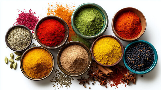 Flat lay of assorted spices in bowls