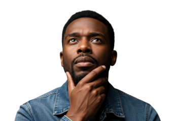 Man with hand on chin thinking deeply isolated on transparent background