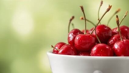Crimson Fruit Cascade in Porcelain, Glossy Red Spheres, Green Hues, and Smooth White Bowl.