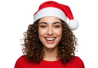 Smiling woman wearing santa hat isolated on transparent background